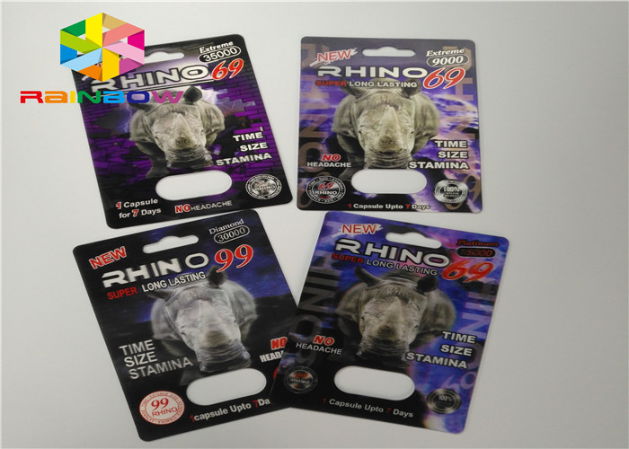 3D প্রভাব ক্রেজি Rhino 69 Rhino 7 ক্যাপসুল যৌন বড়ি কার্ড পুরুষ বর্ধনশীল পিল প্যাকেজিং বক্স এবং ফোস্কা 3 ডি কার্ড / বক্স