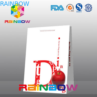 হোয়াইট কাস্টমাইজড কাগজ ব্যাগ ফ্ল্যাট নীচে পিচবোর্ড লোগো কাগজ কেনাকাটা ব্যাগ