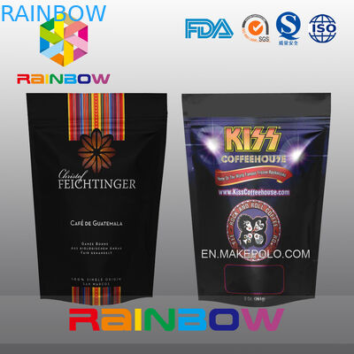 ব্ল্যাক স্ট্যান্ড আপ প্লাস্টিক অ্যালুমিনিয়াম ফয়েল কফি বীন বা ভলভ এবং বেল্ট সঙ্গে গ্রাউন্ড ব্যাগ