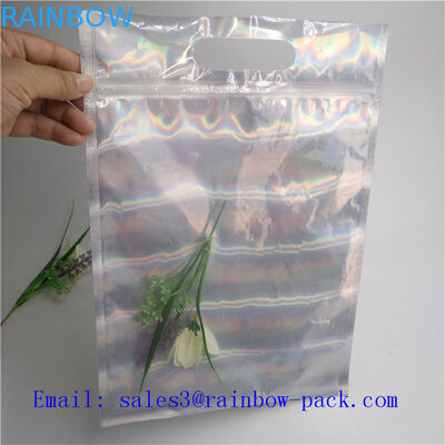 সিলভার স্ট্যান্ড আপ ব্যাগ Holographic ছোট Ziplock সীল Sachet খাদ্য থলি প্যাকেজিং