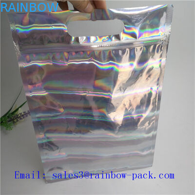 সিলভার স্ট্যান্ড আপ ব্যাগ Holographic ছোট Ziplock সীল Sachet খাদ্য থলি প্যাকেজিং