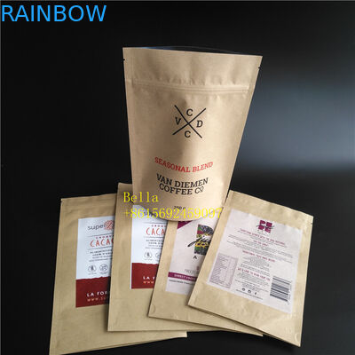 লিফ লোগো প্রিন্টেড চা ব্যাগ প্যাকেজিং ব্রাউন ক্রিপ্ট পেপার জিপার স্পষ্ট উইন্ডো দিয়ে