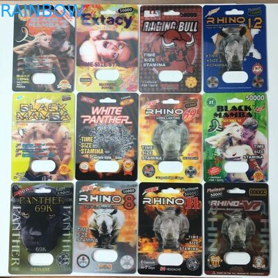 স্লাইড ফোস্কা সন্নিবেশ কার্ড কাগজ বাক্স প্যাকেজিং রাইনো 69 সেক্স পিল 3 ডি প্যাকিং কাস্টমাইজড আকার