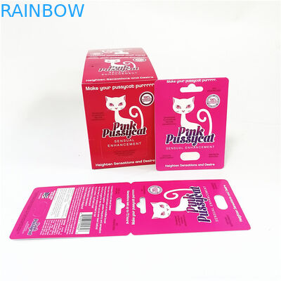 ফোসকা প্যাকেজিং গোলাপী বিগক্যাট কার্ড প্যাকিং বাক্সগুলির সাথে ইউভি এফেক্ট পেপার কার্ডগুলি প্রদর্শন করুন