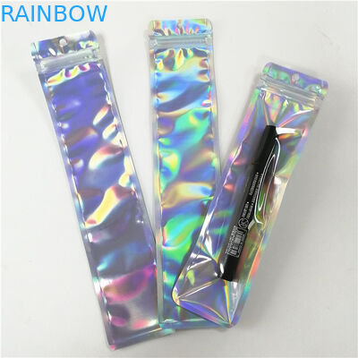 মেক আপ টুল পেন প্যাকেজিংয়ের জন্য জিপার সহ কাস্টম প্রিন্টেড প্লাস্টিকের হোলগ্রাম ফ্ল্যাট ব্যাগ