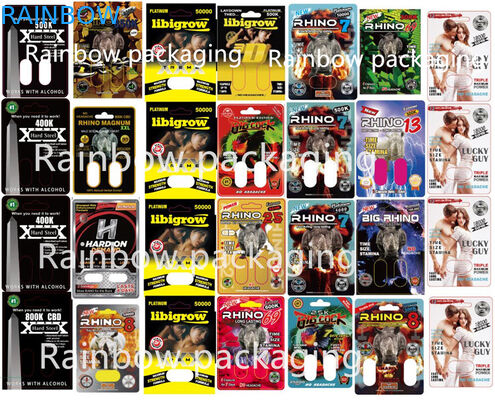 3D ব্লিস্টার রাইনো প্যাকেজিং কার্ড রাইনো 10K / 100K / 69 পিলস পেপার বক্স গোলাপী ভগ বিড়াল বড়ি