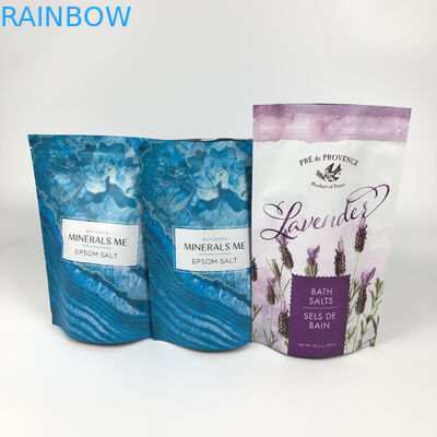 স্নানের জন্য মুদ্রিত পুনঃব্যবহারযোগ্য প্যাকেজড পাউচ সোক স্ট্যান্ড আপ অ্যালুমিনিয়াম জিপার ম্যাট ব্লু মাইলার