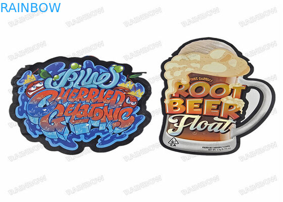 কাস্টম প্রিন্টেড প্লাস্টিক চাইল্ড প্রুফ ডিজাইন স্ট্যান্ড আপ হলোগ্রাফিক 3.5g অনিয়মিত বিশেষ আকৃতির জিপার ডাই কাট মাইলার ব্যাগ