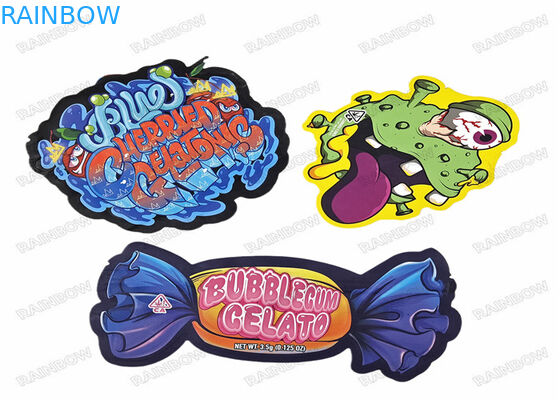 কাস্টম প্রিন্টেড প্লাস্টিক চাইল্ড প্রুফ ডিজাইন স্ট্যান্ড আপ হলোগ্রাফিক 3.5g অনিয়মিত বিশেষ আকৃতির জিপার ডাই কাট মাইলার ব্যাগ