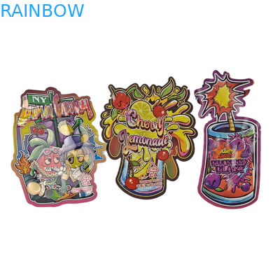 কাস্টম 3.5g হোলোগ্রাফিক ডাই কাট মাইলার ব্যাগ অনিয়মিত আকৃতির প্যাকেজিং জিপার গন্ধ প্রুফ ডাই কাট প্লাস্টিক প্যাকেজিং ব্যাগ