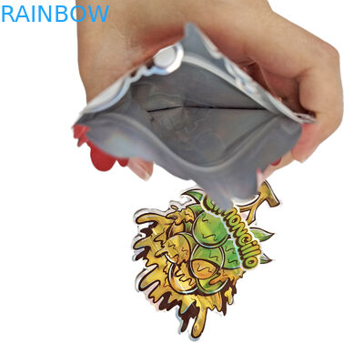 কাস্টম লোগো দিয়ে আকৃতি মাইলার ব্যাগ প্রিন্টেড অনিয়মিত হলোগ্রাফিক জিপলক গন্ধ প্রতিরোধী 3.5g 7g 14g 28g স্ন্যাক পকেট