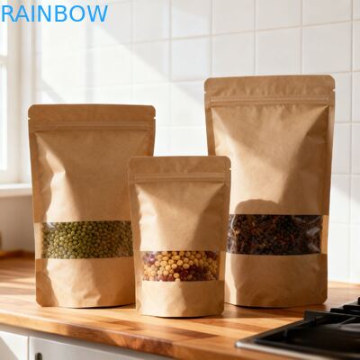 খাদ্য প্যাকেজিং জন্য কাস্টমাইজড বায়োডেগ্রেডেবল আর্দ্রতা প্রুফ স্ট্যান্ড আপ প্যাচ Kraft কাগজ ব্যাগ