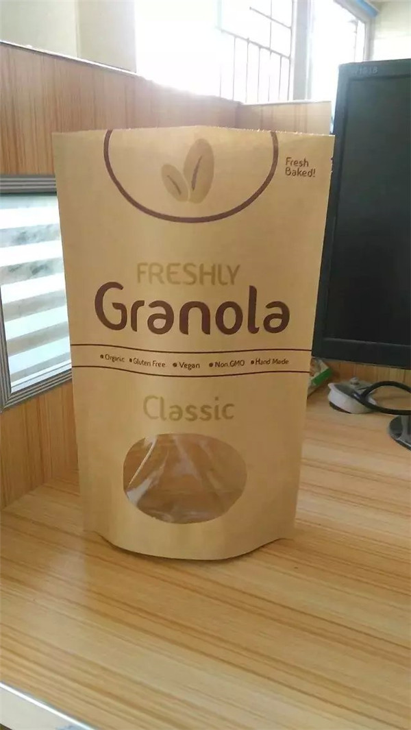 কাস্টম মুদ্রিত স্ট্যান্ড আপ ক্রাফ্ট কাগজ ব্যাগ, উইন্ডো সঙ্গে স্ন্যাক ব্যাগ প্যাকেজিং