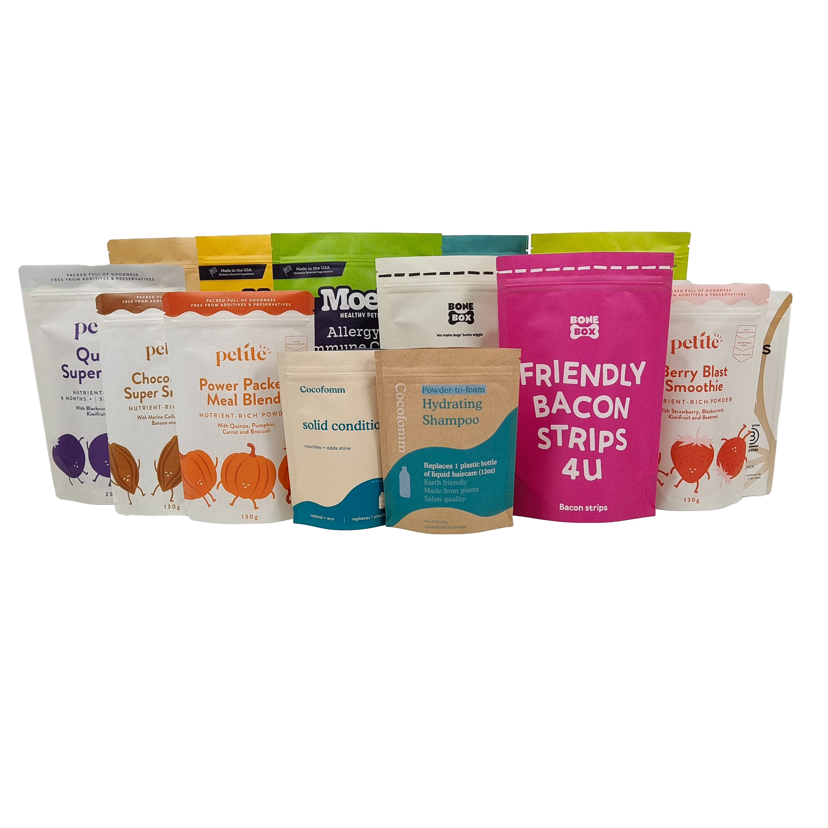 কাস্টম লোগো মুদ্রিত বায়োডেগ্রেডেবল 100% স্যাচেট প্যাকেজিং পুনরায় ব্যবহারযোগ্য স্ট্যান্ড আপ প্লাস্টিকের ব্যাগ ডয়প্যাক সিপলক সহ