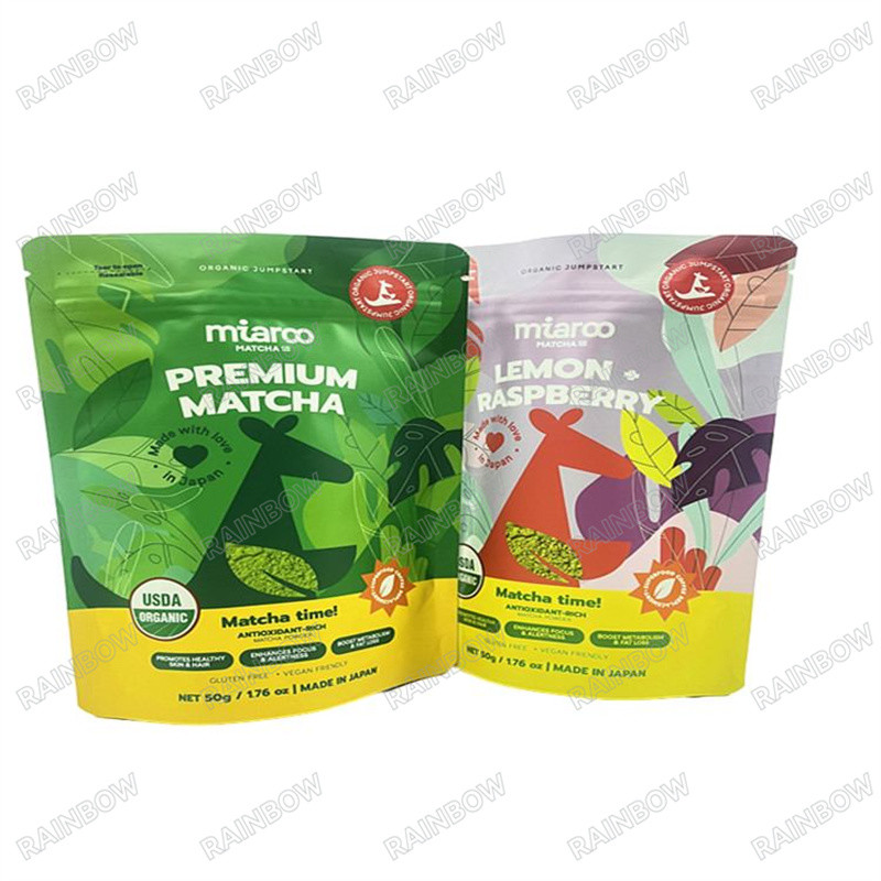 কাস্টম প্রিন্টিং ওয়াটারপ্রুফ মাইলার ব্যাগ রঙিন চকচকে বায়োডেগ্রেডেবল ফুড ব্যাগ পুনরায় সিলড জিপার স্ট্যান্ড আপ ব্যাগ