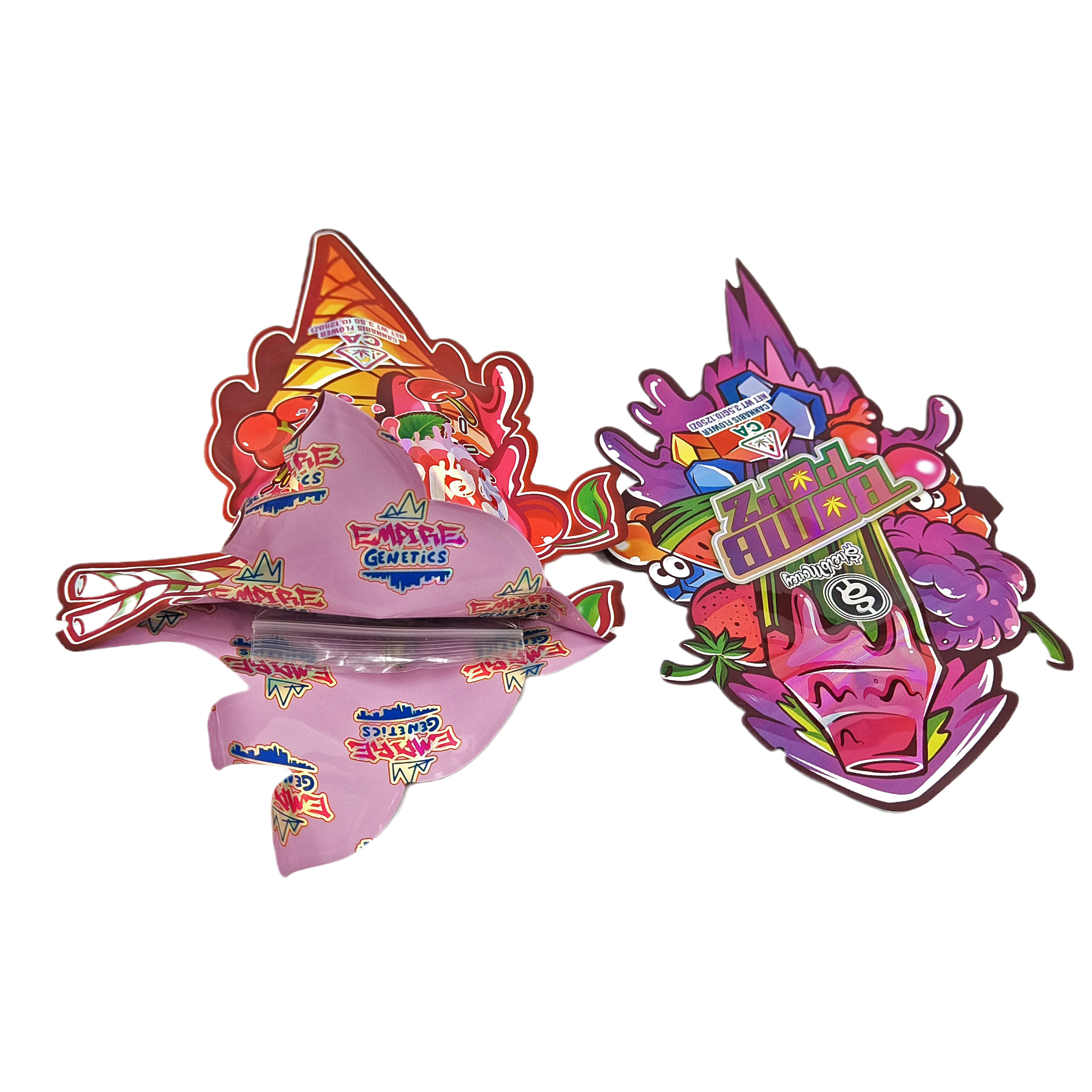 প্লাস্টিক কাস্টম ডিজাইন বিশেষ আকৃতি প্যাকেজিং মুদ্রিত হলোগ্রাম ফয়েল ক্যান্ডি শিশু প্রমাণ মাইলার ডাই কাট ব্যাগ