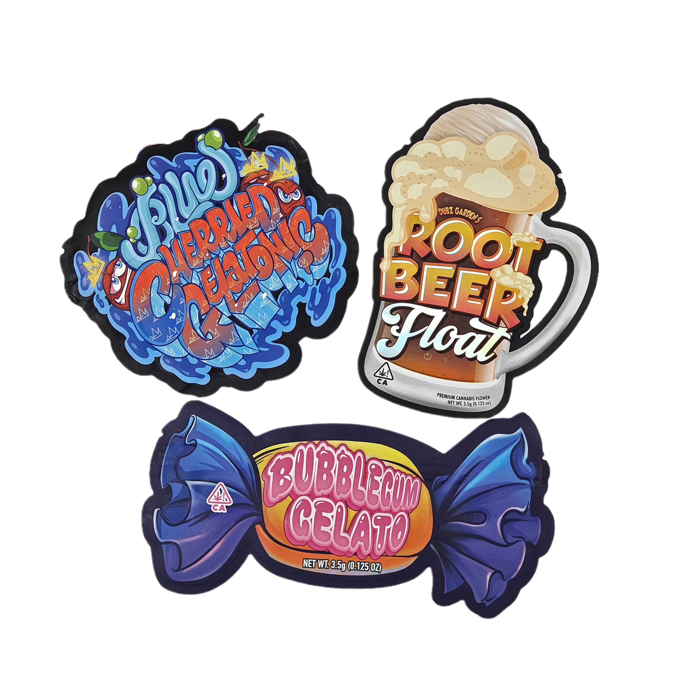 কাস্টম মুদ্রণ 3.5g 7g 14g 28g বিশেষ আকৃতির গন্ধ প্রতিরোধী খাদ্য মিষ্টি ব্যাগ ডাই কাট মাইলার পকেট