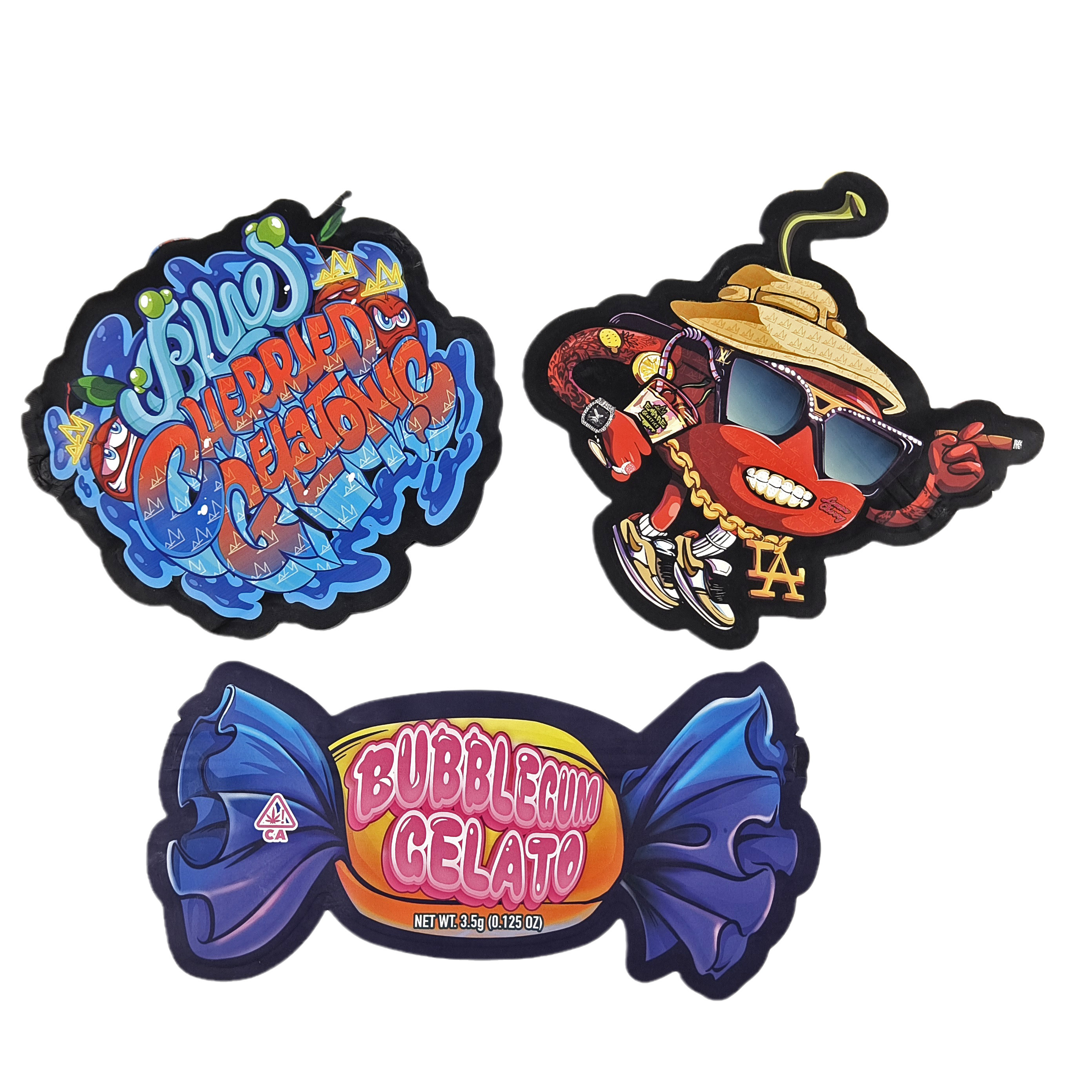 কাস্টম ম্যাট লোগো পুনরায় সিলযোগ্য প্লাস্টিকের আকৃতির ব্যাগ গন্ধ প্রতিরোধী ডাই কাট জিপলক 3.5 মাইলার ব্যাগ জন্য মিষ্টি