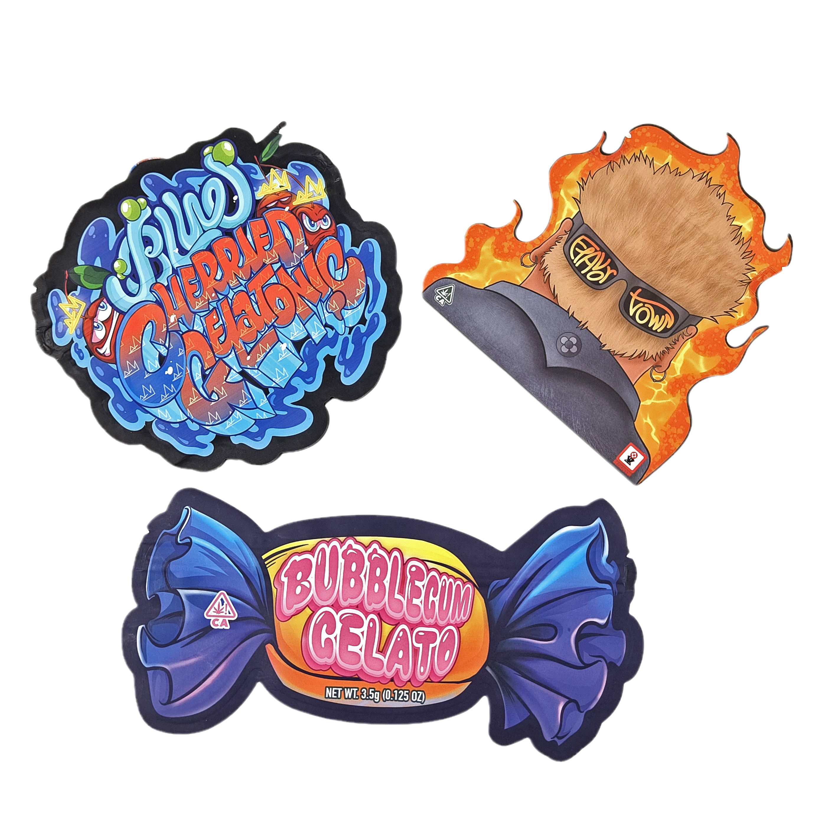 বিশেষ অনিয়মিত আকৃতির গন্ধ প্রতিরোধী ব্যাগ সঙ্গে জিপলক কাস্টম28g 14g 7g 3.5g ডাই কাট স্ন্যাকস ফুড প্যাকেজিং মাইলার ব্যাগ