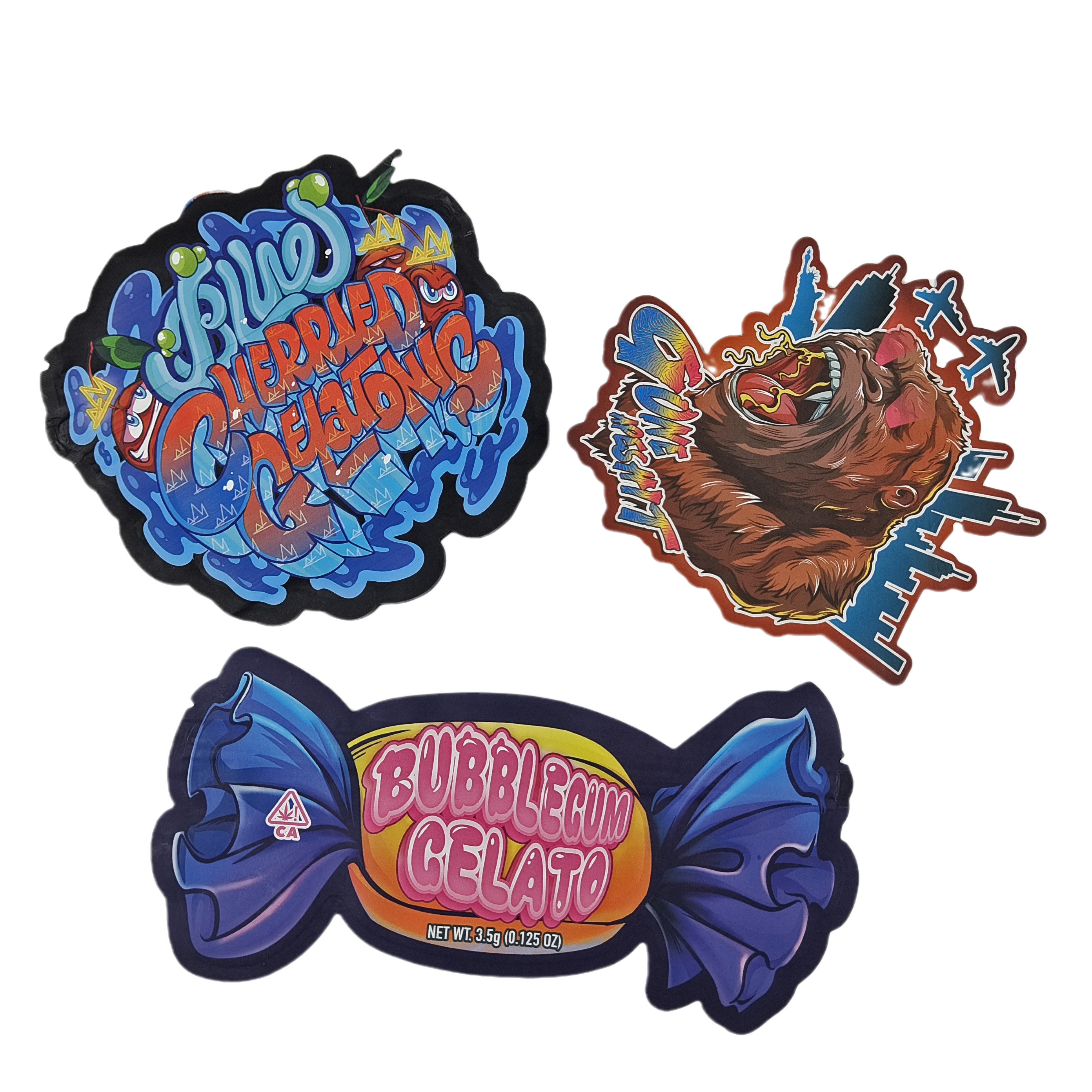 কাস্টম ডিজিটাল মুদ্রিত ডাই কাট অনিয়মিত 3.5g ব্যাগ বিশেষ আকৃতির খাদ্য প্লাস্টিকের জিপলক প্যাকেজিং মাইলার ব্যাগ