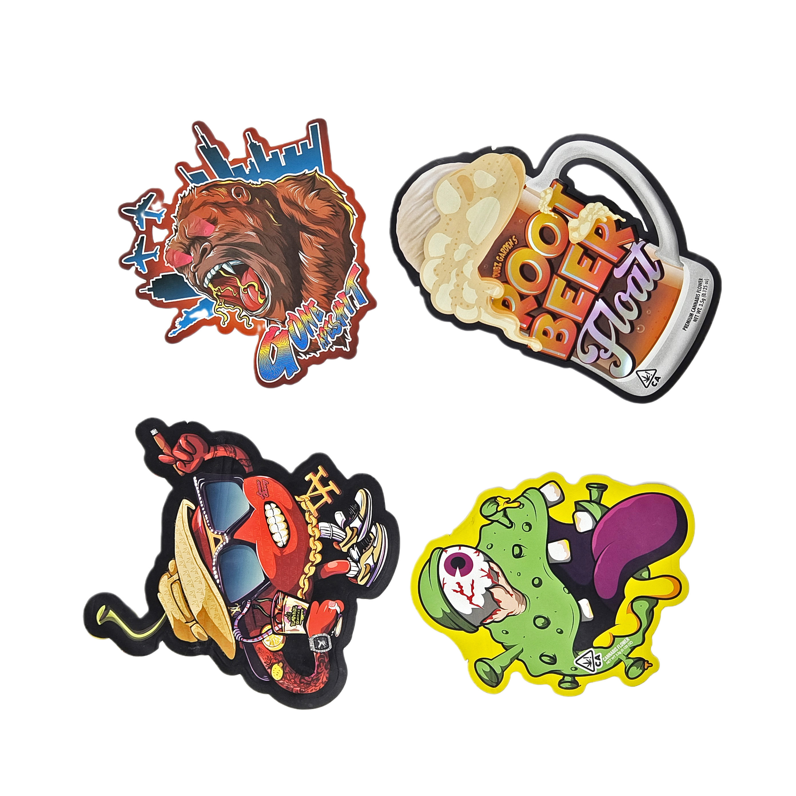 3.5g 7g কাস্টম মুদ্রিত বিশেষ ডাই কাট অনিয়মিত আকৃতির মাইলার ব্যাগ জিপার স্ন্যাক প্যাকেজিং সহ গন্ধ প্রতিরোধী মাইলার ব্যাগ