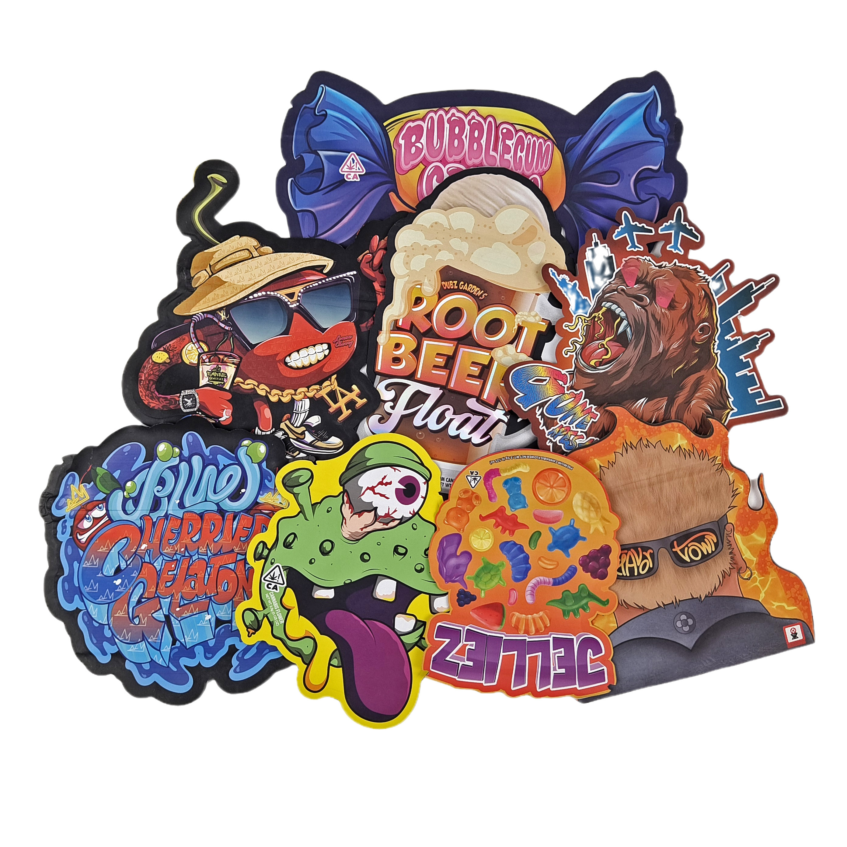 3.5g 7g 14g বিশেষ আকৃতির প্লাস্টিক প্যাকেজিং ব্যাগ হলোগ্রাম গন্ধ প্রতিরোধী প্লাস্টিকের ডাই কাট কাস্টম স্ন্যাক কুকি স্ন্যাক ব্যাগ