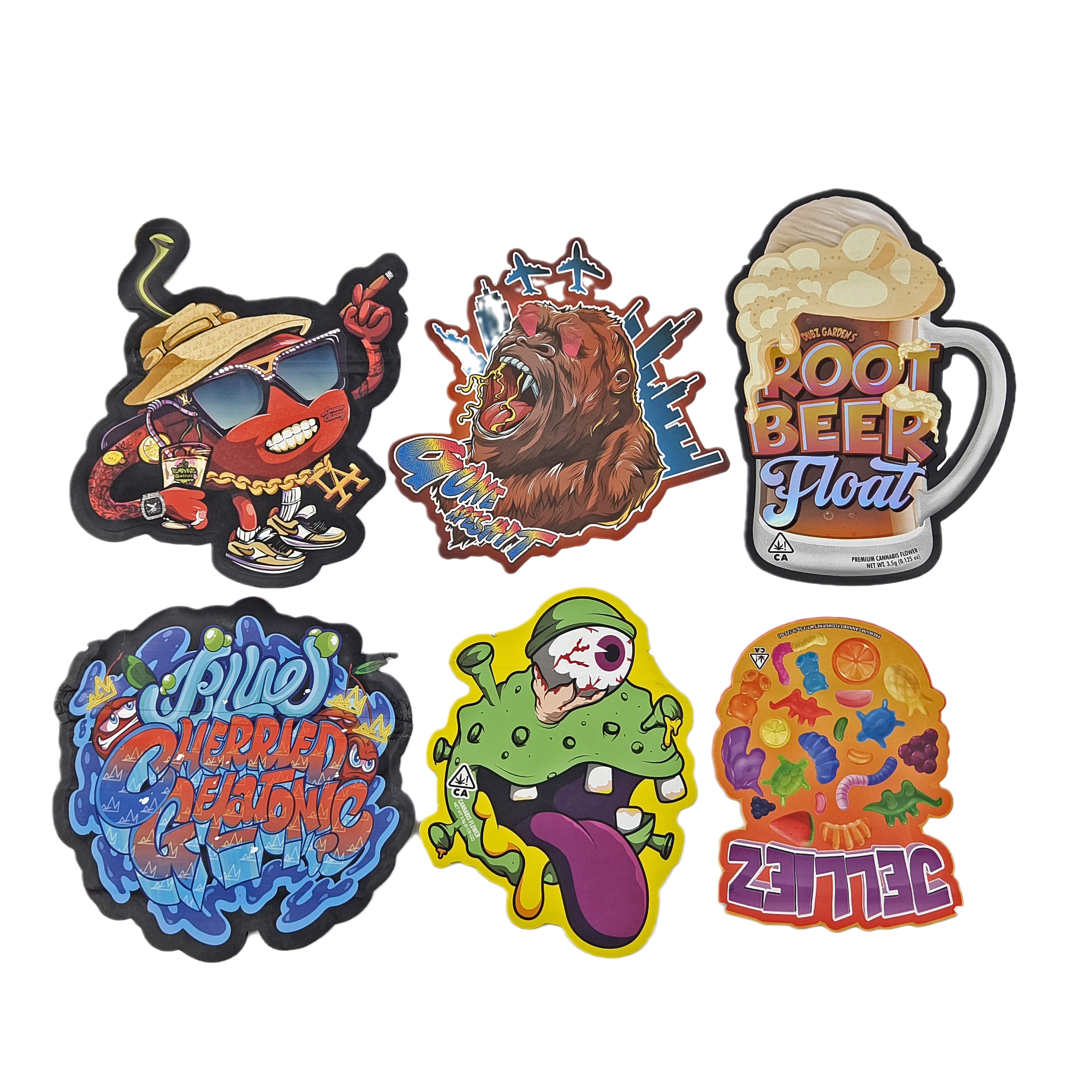 গন্ধ প্রতিরোধী কাস্টম মুদ্রিত 3.5g অনন্য বিশেষ আকৃতির অনিয়মিত খাদ্য প্যাকেজিং জিপলক মাইলার ব্যাগ সহ ডাই কাট ব্যাগ