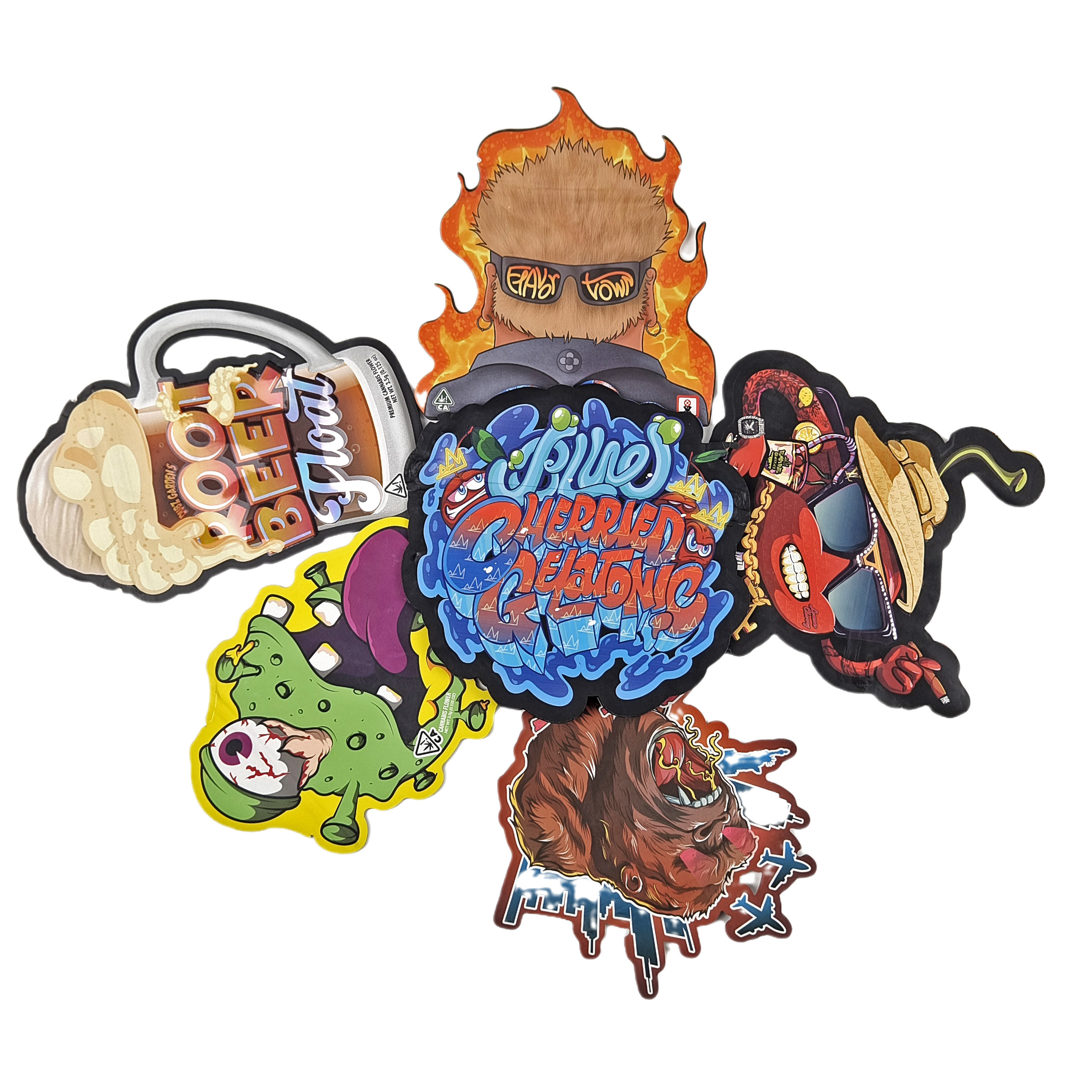 কাস্টম লোগো দিয়ে আকৃতি মাইলার ব্যাগ প্রিন্টেড অনিয়মিত হলোগ্রাফিক জিপলক গন্ধ প্রতিরোধী 3.5g 7g 14g 28g স্ন্যাক পকেট