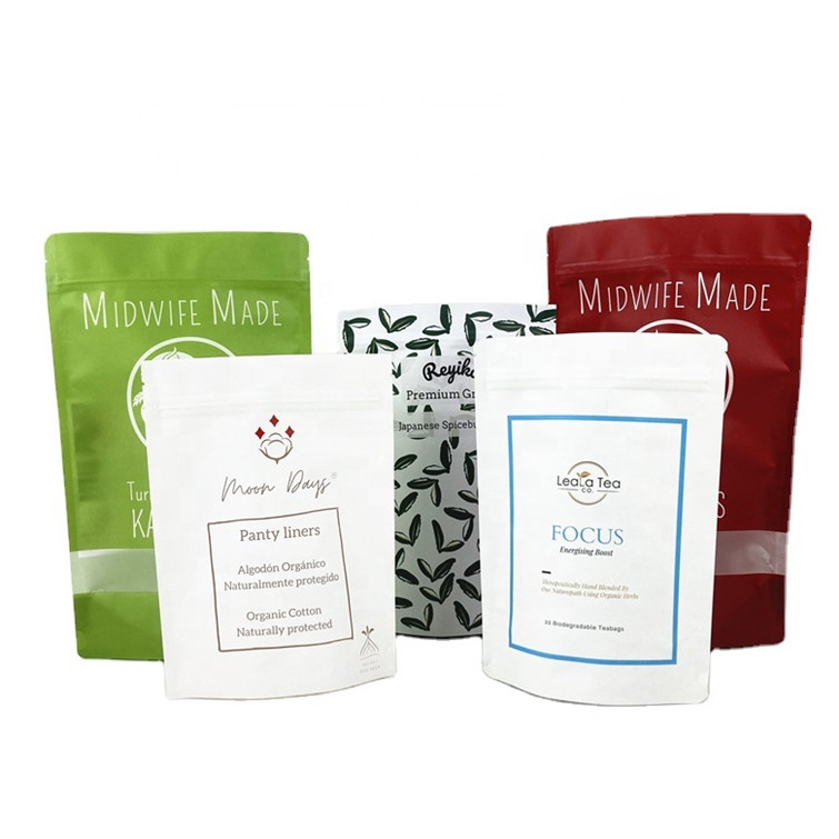 বায়োডেগ্রেডেবল কাস্টমাইজড লোগো 100 গ্রাম 250 গ্রাম চা কফি শুকনো ফল প্যাকেজিং ব্যাগ পুনর্ব্যবহারযোগ্য স্ট্যান্ড আপ ব্যাগ