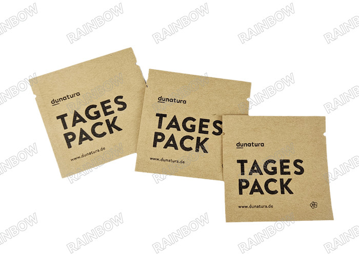 কাস্টম বায়োডেগ্রেডেবল খালি চা প্যাকেট থ্রি সাইড তাপ সীল চা কফি প্যাকেজিং ব্যাগ Kraft কাগজ ট্যাবলেট প্যাকেজিং ব্যাগ