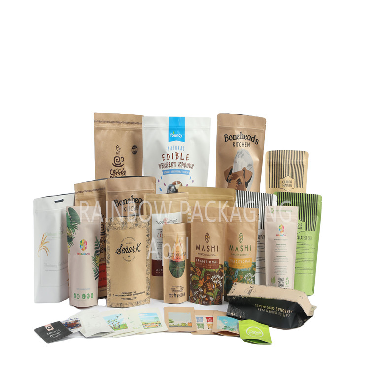 কাস্টম ফুড গ্রেড পিএলএ ব্রাউন ক্রাফ্ট পেপার ব্যাগ মঙ্গো পাউডার ফুড পোষা প্রাণী স্লিপস ভোজ্য প্যাকেজিং ব্যাগ জিপার সহ মাইলার