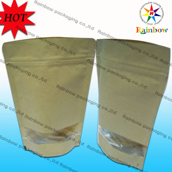 স্ন্যাক প্যাকেজিংয়ের জন্য উইন্ডো সহ জিপলক ব্রাউন ক্র্যাফ্ট কাস্টমাইজড পেপার ব্যাগে দাঁড়ানো