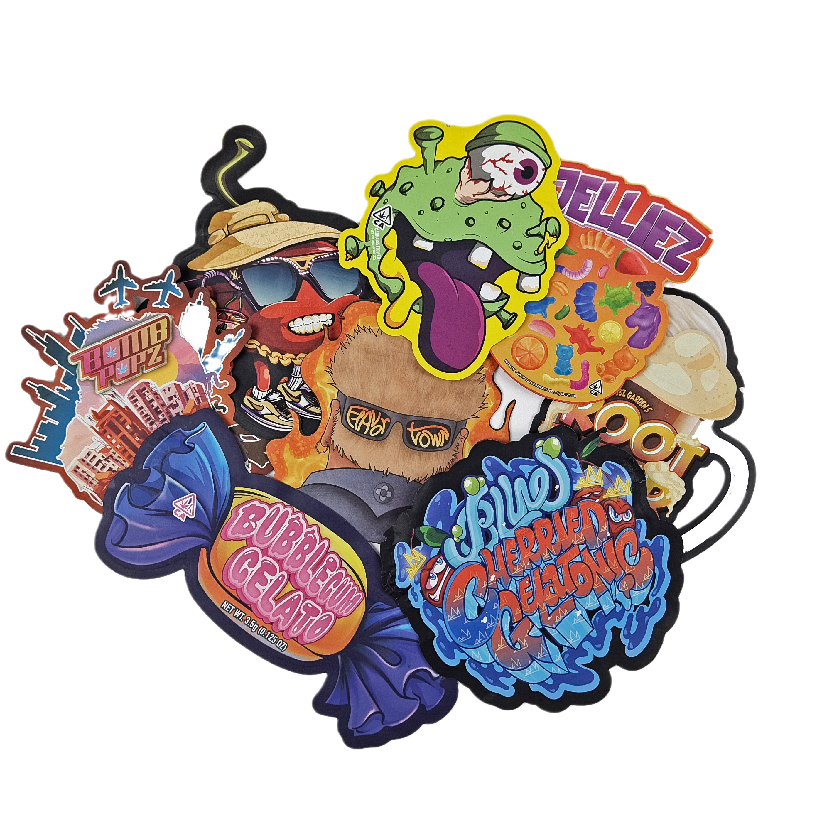 কাস্টম ডিজাইন 3.5g 7g 14g 28g ডাই কাট ব্যাগ জিপলক বিশেষ আকৃতির চাইল্ডপ্রুফ কাস্টম শেপ মাইলার স্ন্যাক ব্যাগ প্যাকেজিং