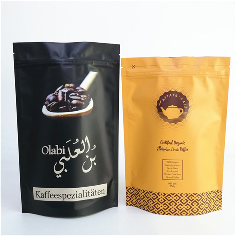 এফডিএ ফুড সেফ কফি প্যাকেজিংয়ের জন্য কাস্টমাইজড প্রিন্টিং 120 মাইক্রন বেধের স্ট্যান্ড আপ প্যাকেট