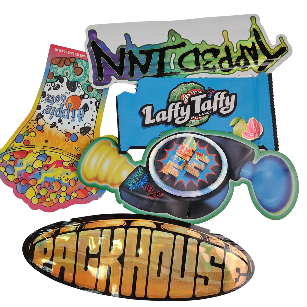 পুনরায় সিলযোগ্য জিপার হলোগ্রাফিক আকারের ডাই কাট মাইলার ব্যাগ অ্যালুমিনিয়াম ফয়েল তাপ সীল মাশরুমের জন্য অনিয়মিত ব্যাগ