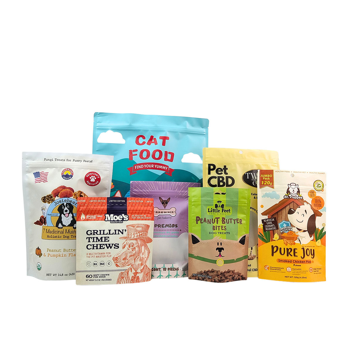 পরিবেশ বান্ধব পুনরায় ব্যবহারযোগ্য স্ট্যান্ড-আপ ব্যাগ 50-200 মাইক্রন বেধের সাথে পোষা প্রাণীর খাবারের প্যাকেজিংয়ের জন্য