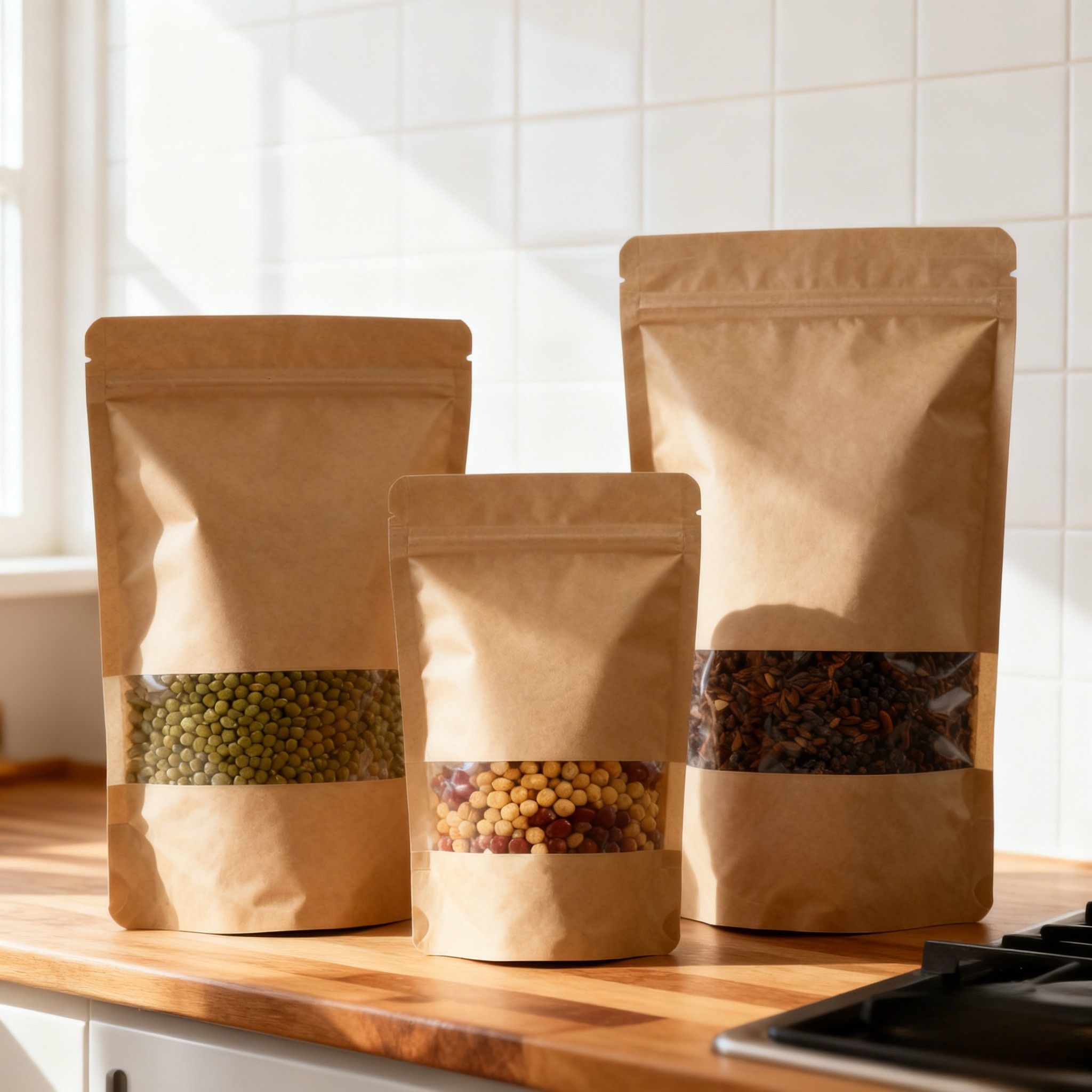 খাদ্য প্যাকেজিং জন্য কাস্টমাইজড বায়োডেগ্রেডেবল আর্দ্রতা প্রুফ স্ট্যান্ড আপ প্যাচ Kraft কাগজ ব্যাগ