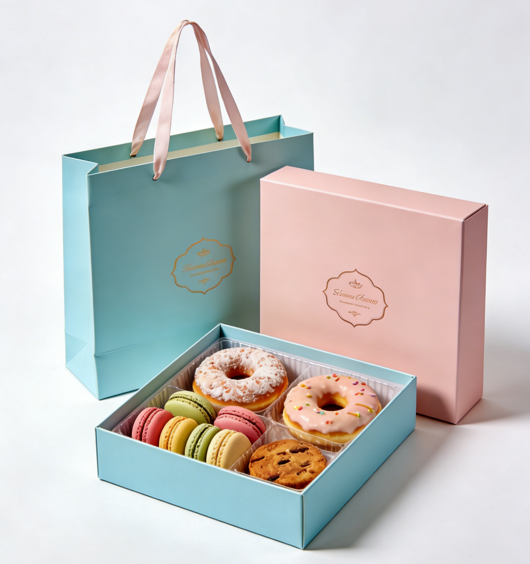 প্রিমিয়াম ফুড গ্রেড ভাঁজযোগ্য বেস এবং ক্যাপ বক্স কেক সুশি ম্যাকারন ডেজার্ট বেকারি উপহার বক্স কাগজ ব্যাগ সঙ্গে সেট