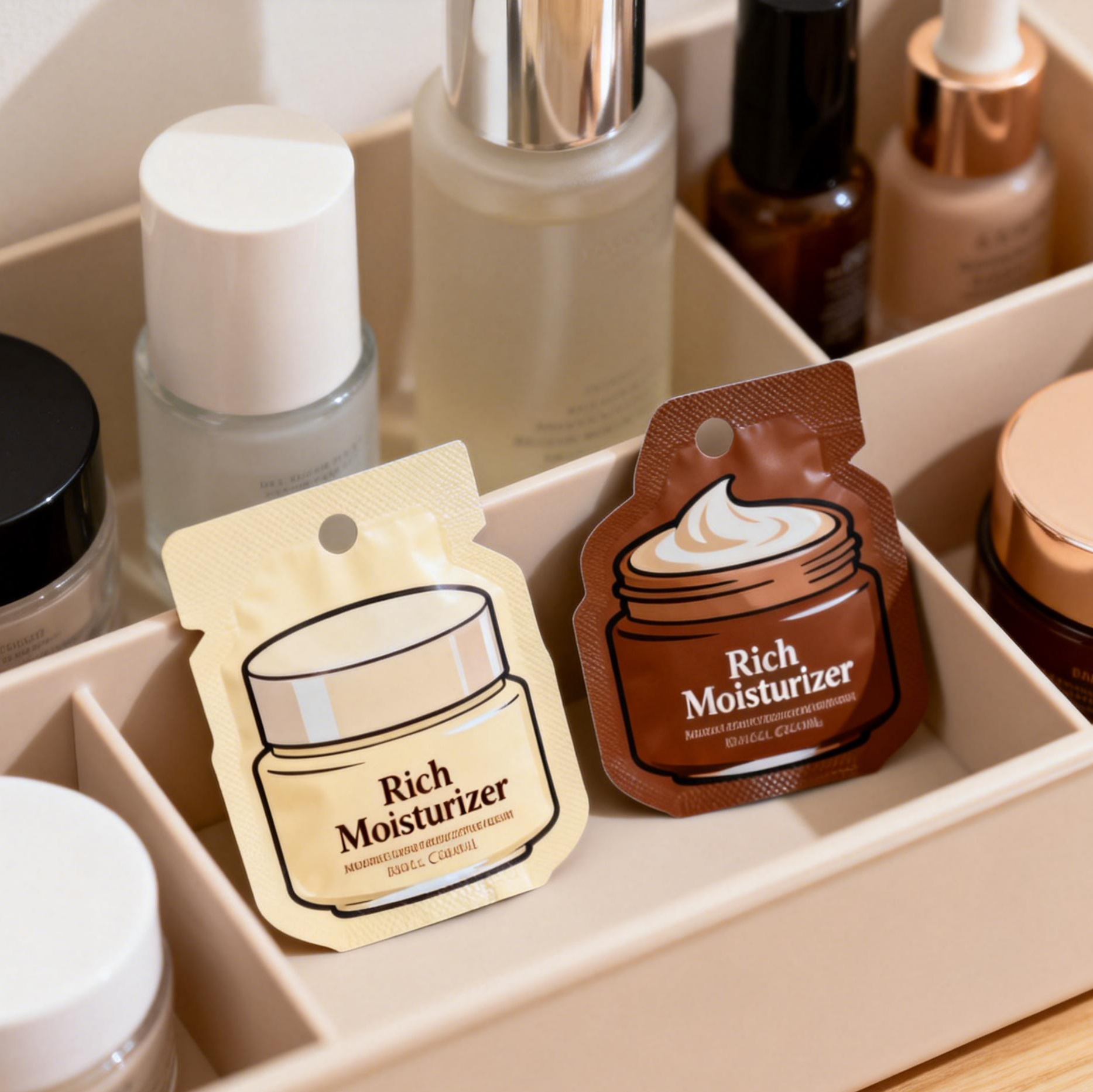 কাস্টম স্কিনকেয়ার লশন ক্রিম প্যাকিং প্লাস্টিক ছোট কসমেটিক নমুনা স্যাচ মাইলার ফয়েল ব্যাগ তাপ সীল ব্যাগ স্যাচ ছোট মিনি পকেট