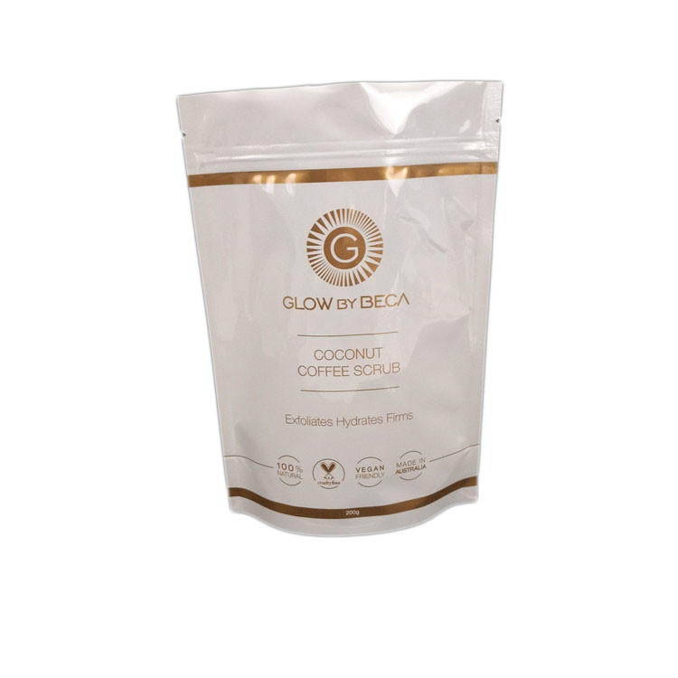 হোয়াইট গ্লসি ফিনিশ বডি স্ক্রাব 150 মাইক্রন স্ট্যান্ড আপ জিপার পাউচ