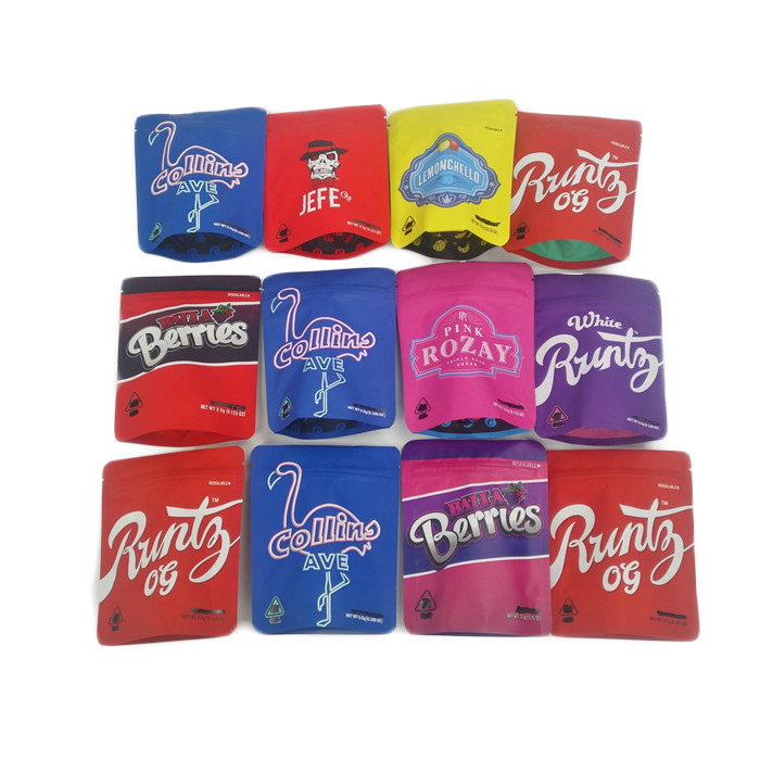 সফট টাচ 3.5 জি ফয়েল জিপলক প্লাস্টিক ব্যাগগুলি গন্ধযুক্ত প্রুফ ম্যাট 3.5 জি 7 জি গাঁজা কুকিজ জেফ প্যাকেজিং মেলার ব্যাগ কাস্টম