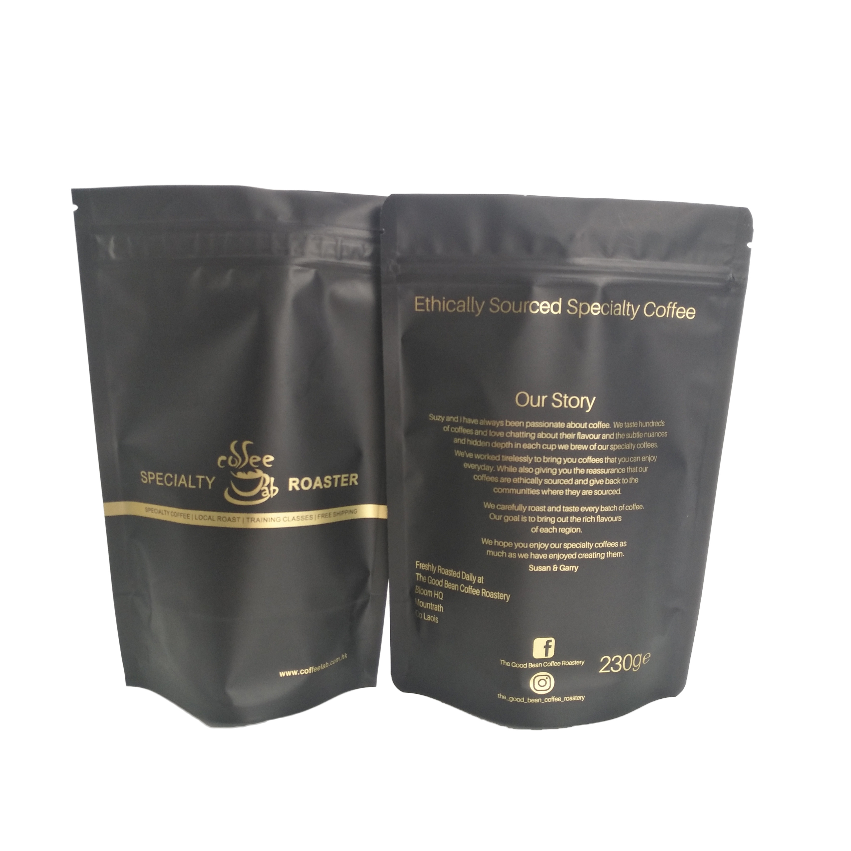 ম্যাট ব্ল্যাক ফিনিশ ফয়েল স্ট্যান্ড আপ জিপার প্যাকেজিং ব্যাগ কফি ব্যাগ সহ সোনার স্ট্রিপস