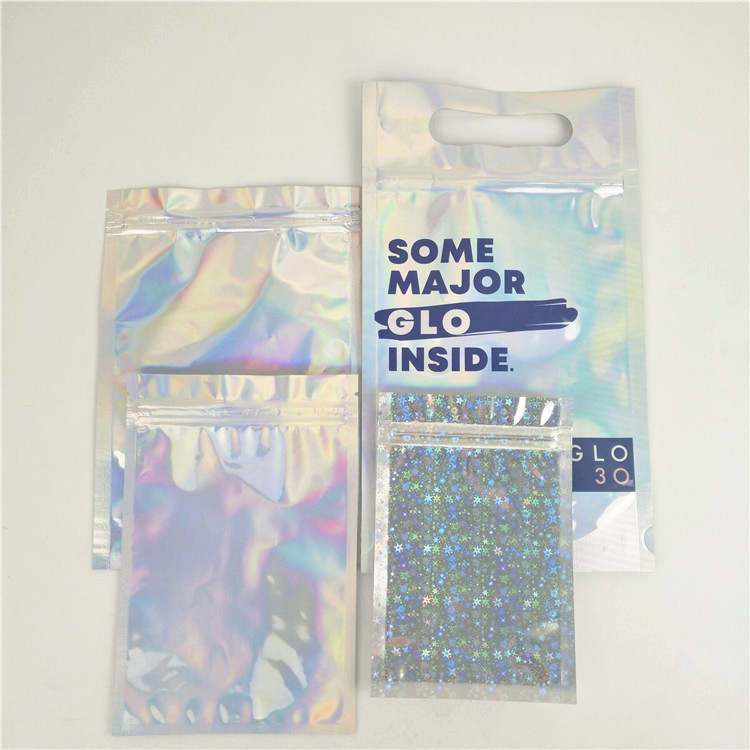 চকচকে UV CMYK জিপার হলোগ্রাফিক ব্যাগ MOPP প্লাস্টিক ফুড প্যাকেজিং ব্যাগ